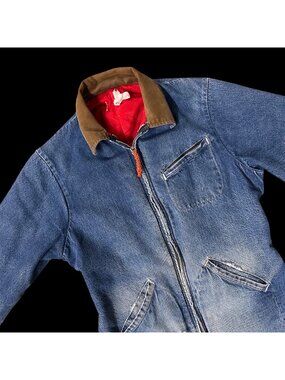 Vintage Denim Chore Jacket Coat Quilted Lining Corduroy Collar Distressed READ